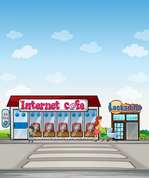 Internet café en slotenmaker winkel — Stockvector