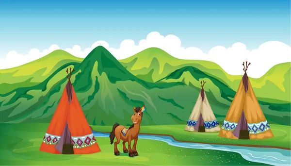 Палатки и улыбающаяся лошадь — стоковый вектор
