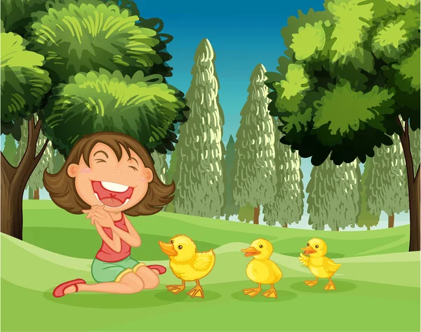 一个幸福的女孩和三个小鸭 — 图库矢量图片