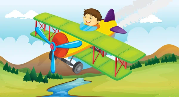 Мальчик и летающий самолет — стоковый вектор