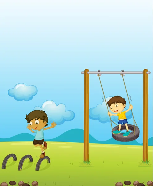Swing oynayan çocuklar — Stok Vektör