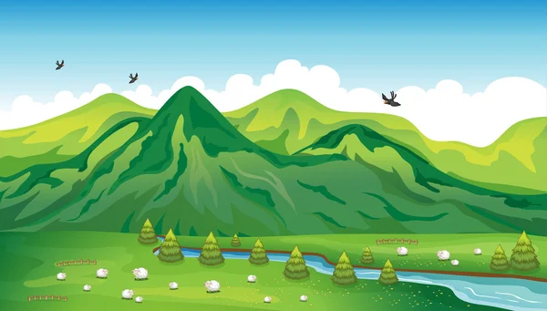 Sheeps, birds and a beautiful landscape — Stock Vector