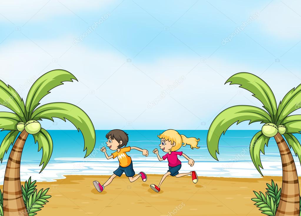Kids jogging along the seashore