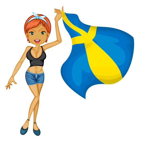 A smiling girl with a national flag of sweden — Stock Vector