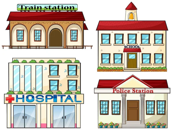 Une gare, une école, un commissariat et un hôpital — Image vectorielle