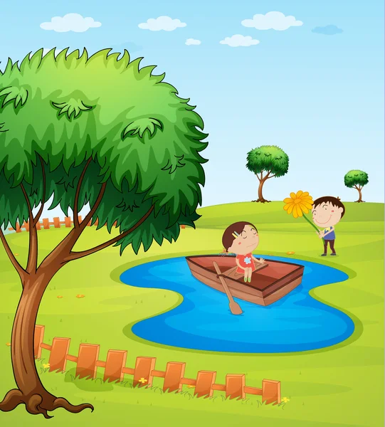 Kids and a wooden boat — Stock Vector