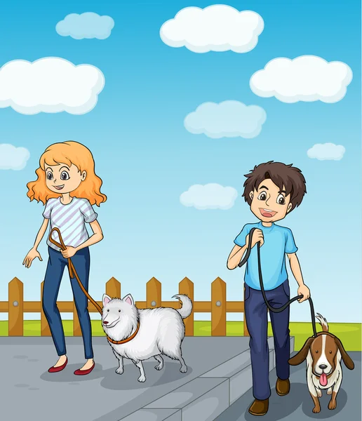 A smiling girl and a boy having dog — Stock Vector