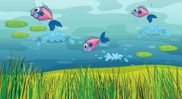 Un poisson dans une rivière et un beau paysage — Image vectorielle
