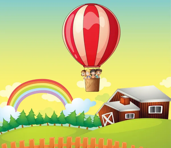 孩子们在气球和一所房子 — 图库矢量图片