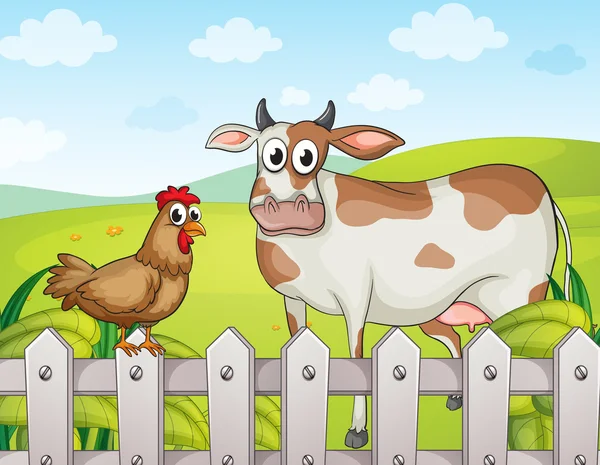 Une vache, une poule et un beau paysage — Image vectorielle