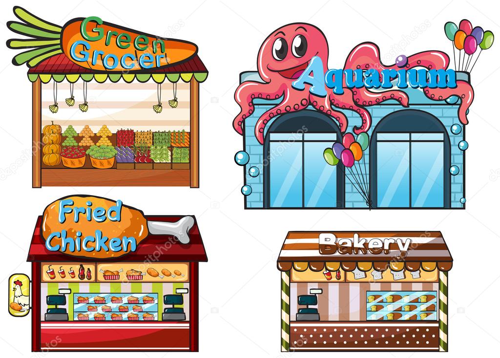 A fruitstand, an aquarium, a food stall and a bakery