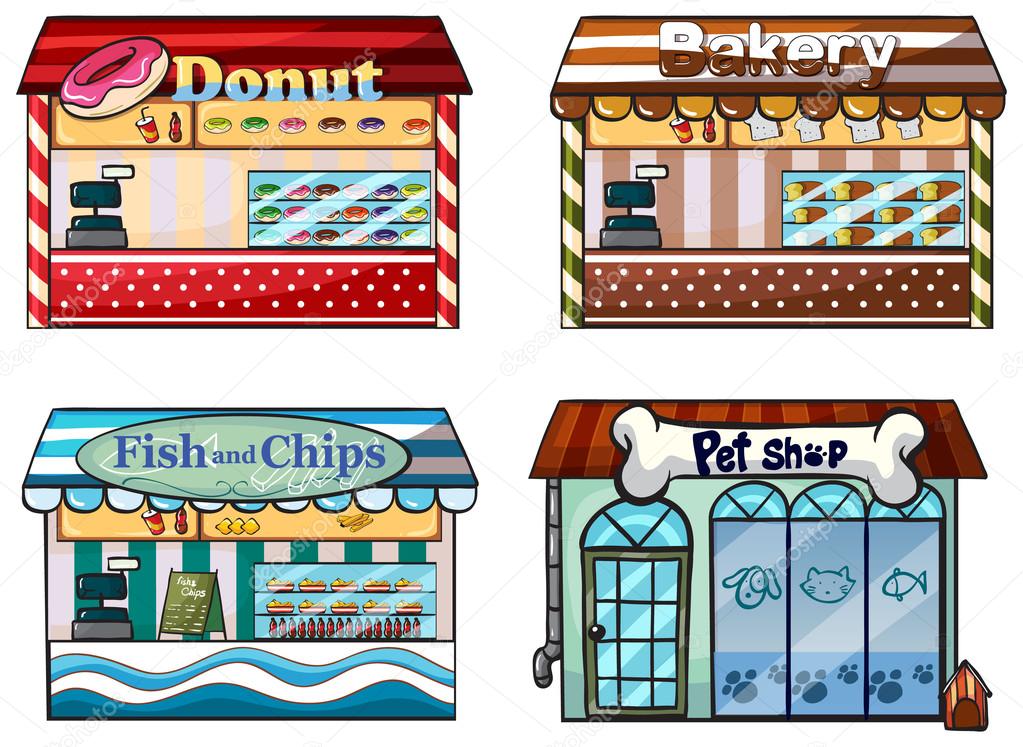 A donut store, bakery, fish and chips store and a pet shop