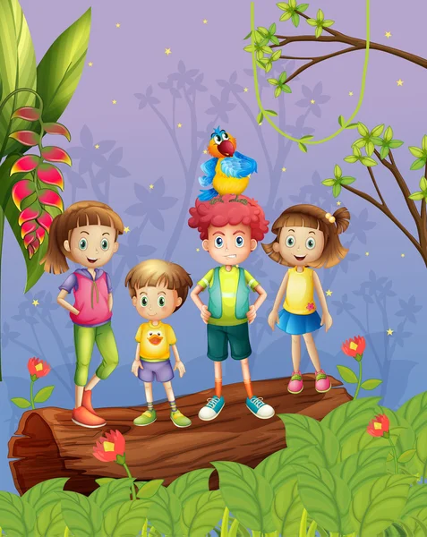 Діти з одним барвистим папугою в лісі — стоковий вектор