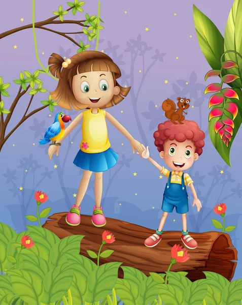 Una niña y un niño en el bosque — Vector de stock