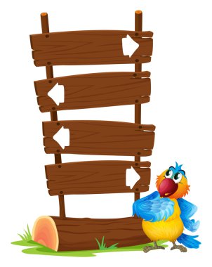 bir tabela yanında renkli bir papağan