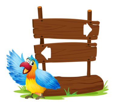 bir papağan duran iki tahta tabela yanında