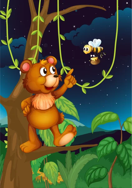 Медведь на дереве и летающая пчела — стоковый вектор