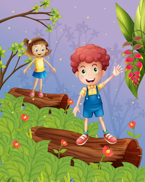 Niños jugando en el bosque — Vector de stock