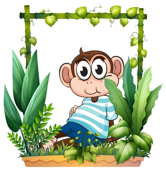 A monkey with a blue shirt in the garden — Stock Vector