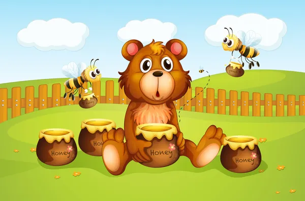 A bear and bees inside a fence — Stock Vector