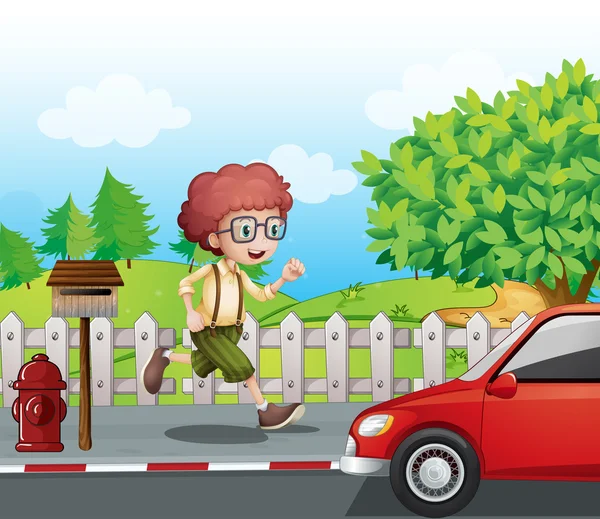 A boy running along the road — Stock Vector