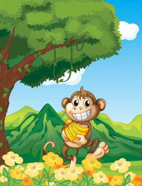 A monkey holding a banana in the forest — Stock Vector