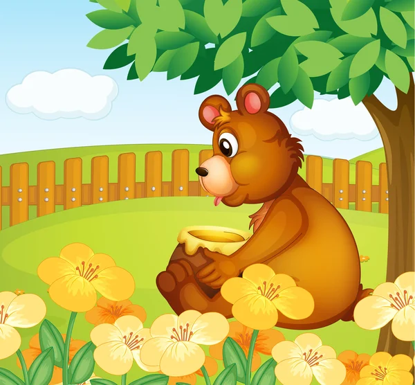 Niedźwiedź siedzi w piękny ogród — Wektor stockowy
