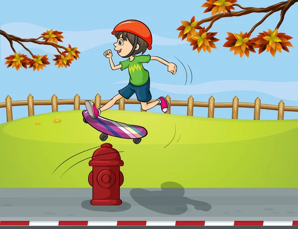 Una boca de incendios y un niño jugando al skate board — Vector de stock