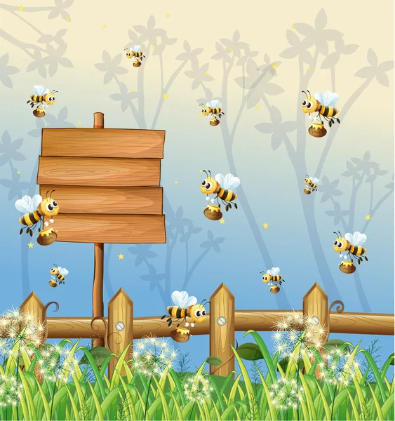 Abejas en el bosque con un letrero vacío — Vector de stock