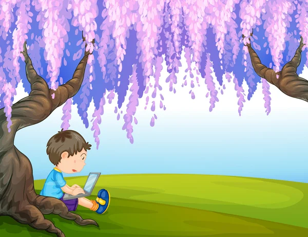 一个小男孩在一棵大树下 — 图库矢量图片