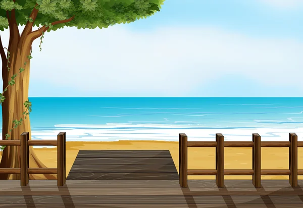 Un banco de madera en una playa — Vector de stock