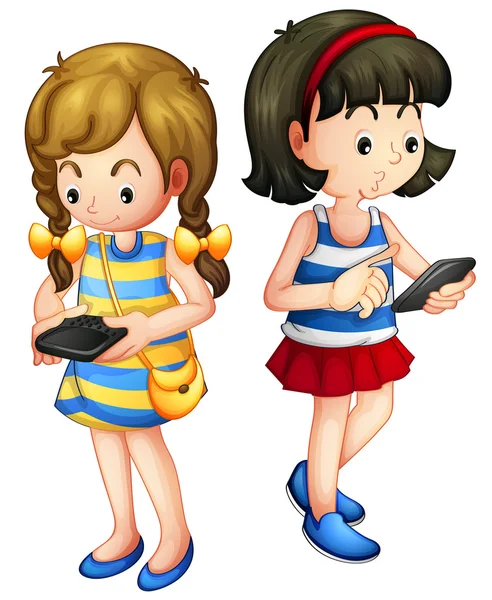 Dos chicas sosteniendo un gadget — Vector de stock