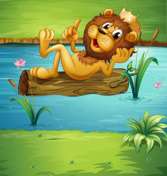 Singa tersenyum di atas kayu kering - Stok Vektor