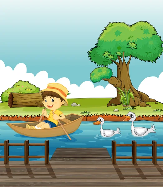 A boy riding on a boat followed by ducks — Stock Vector