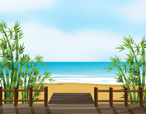 Un banc en bois sur une plage — Image vectorielle