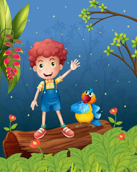 Un garçon et un perroquet dans les bois — Image vectorielle