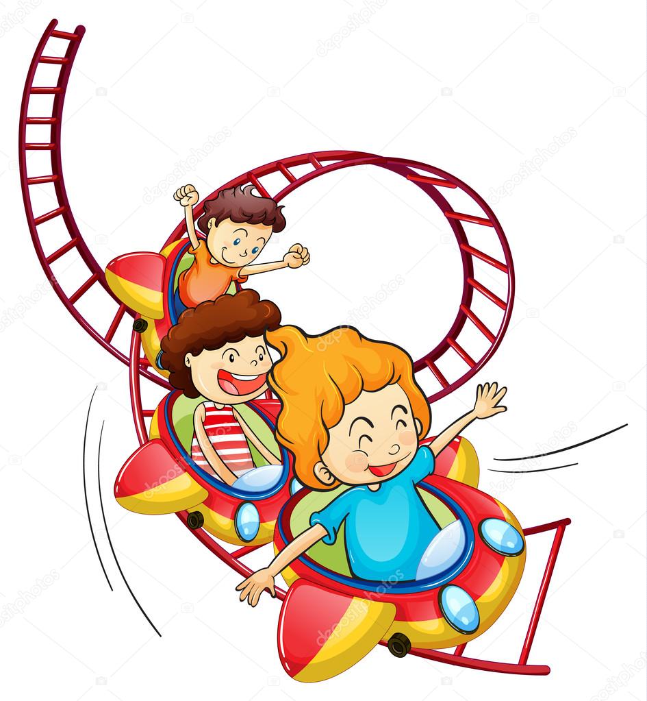 Three children riding in a roller coaster