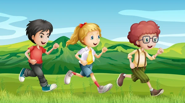 Kids running across the hills — Stock Vector