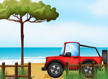 kırmızı bir jeepney sahilde