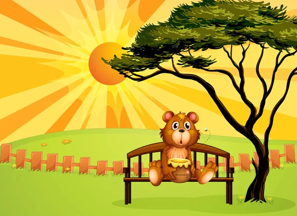 一罐蜂蜜坐在长椅上的一只熊 — 图库矢量图片