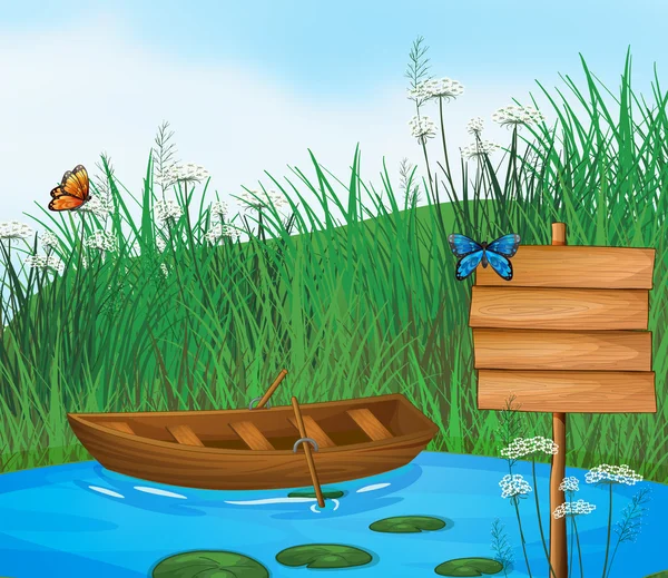 En träbåt i floden — Stock vektor