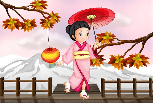 Uma menina japonesa em uma visão de outono — Vetor de Stock