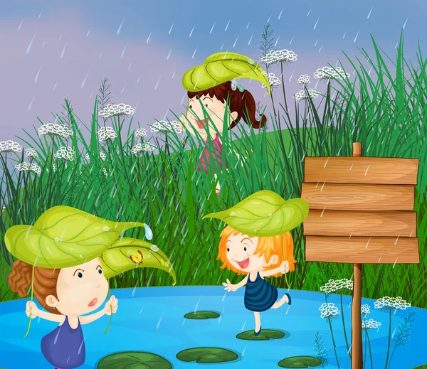 Crianças brincando na chuva —  Vetores de Stock