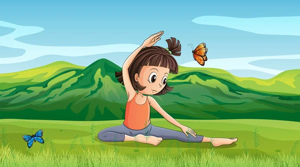 Dívka dělá jógu v okolí kopce — Stockový vektor