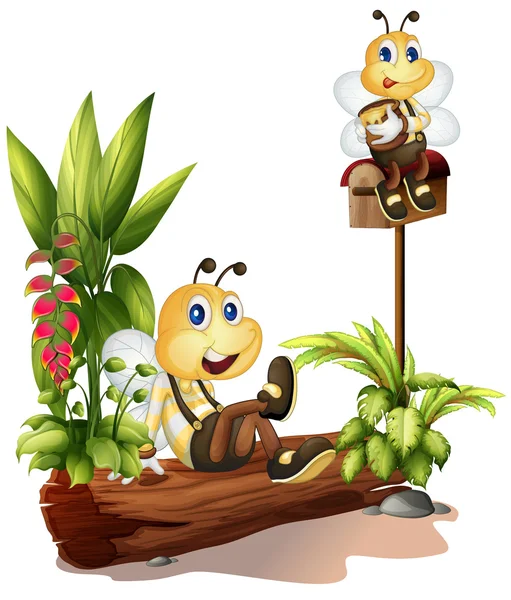 Des abeilles assises sur un tronc et sur la boîte aux lettres — Image vectorielle
