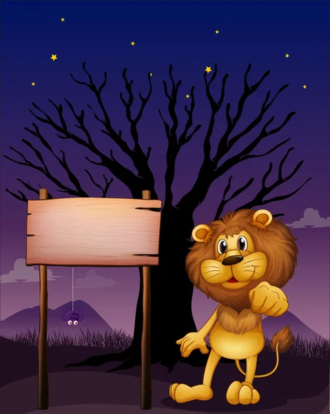 A lion and the wooden signboard in a dark neighborhood — Stock Vector