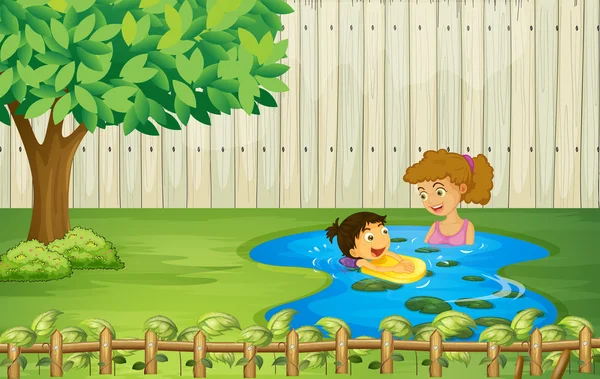 Kids swimming in a pond — Stock Vector