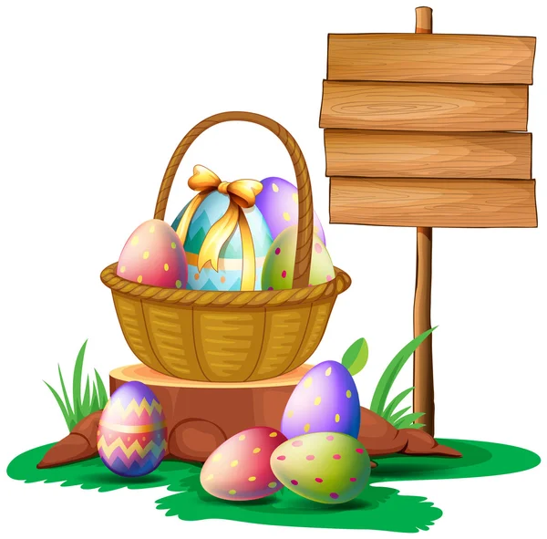 Huevos de Pascua cerca de un cartel de madera — Vector de stock