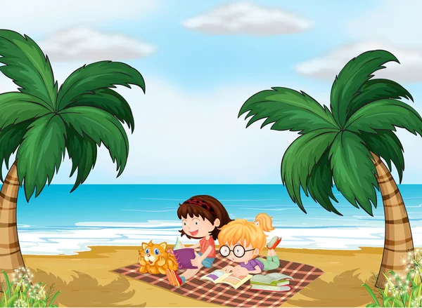 Girls reading near the beach — Stock Vector