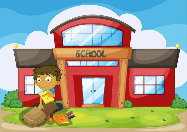 A boy arranging his things in front of the school — Stock Vector